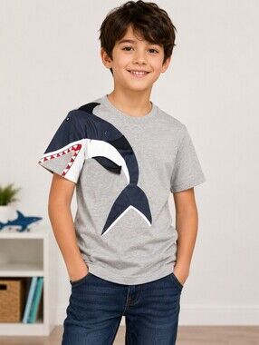 27Kids Shark T-Shirt Boys US Size 7/8 Gray Short Sleeve Shark Graphic Tee NWT